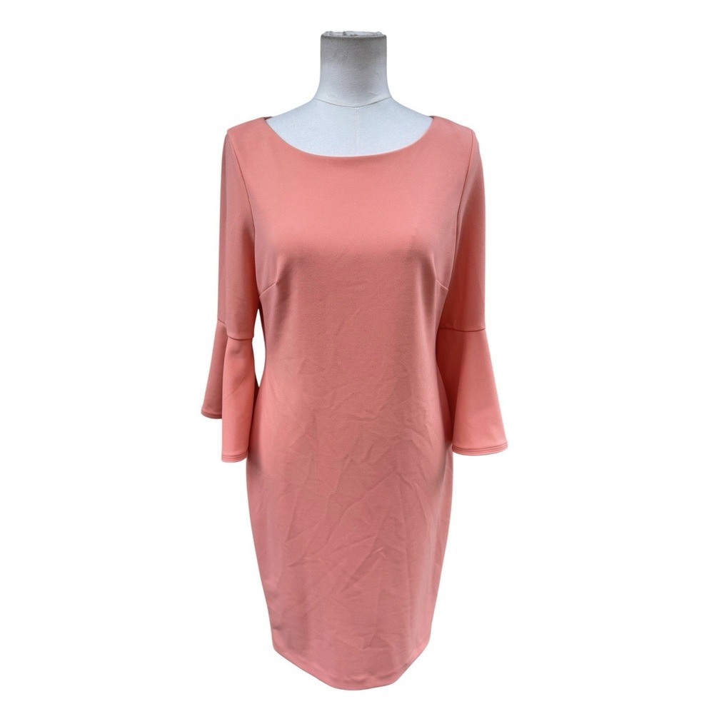 Calvin Klein Womens 10 Coral Pink Bell Sleeve Sheath Dress Gold Zip Career